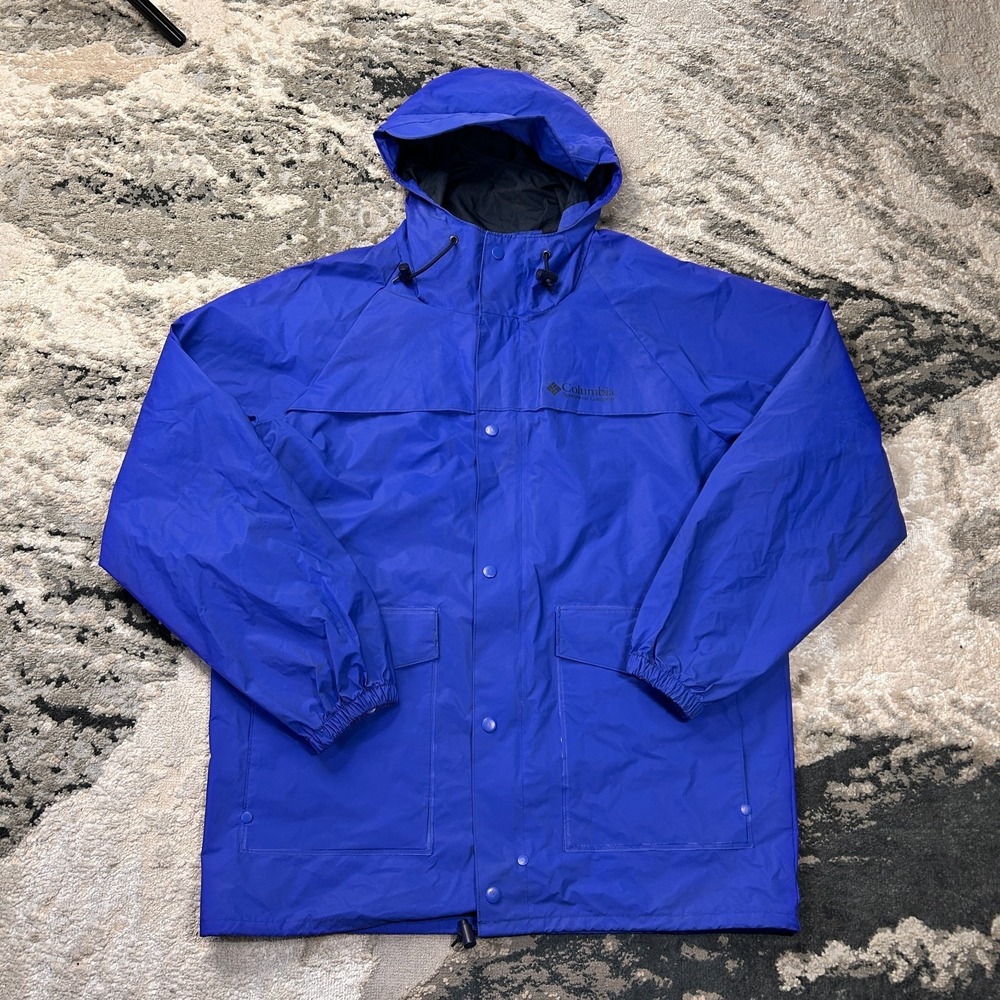 VTG Columbia Rain Jacket Unisex Blue Waterproof Hooded Front Snap Drawcord Hem‎